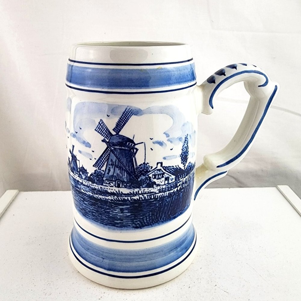 Delft Blue Handpainted Windmill Flowers Stein Holland